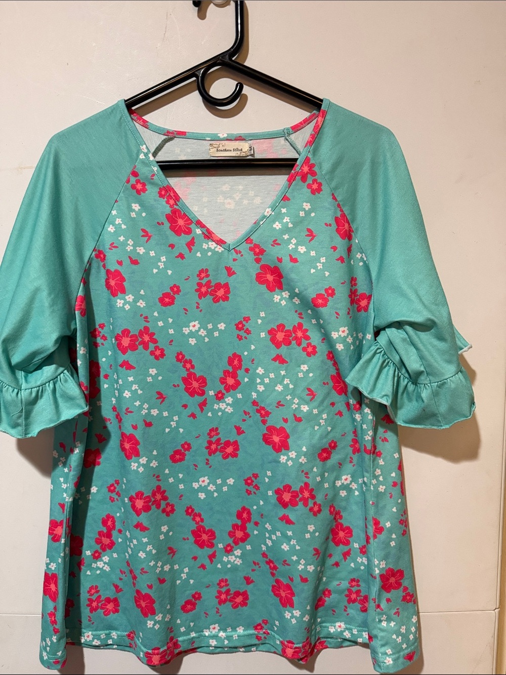 Women’s Turquoise Floral V-Neck Ruffle Sleeve Top by Southern Stitch